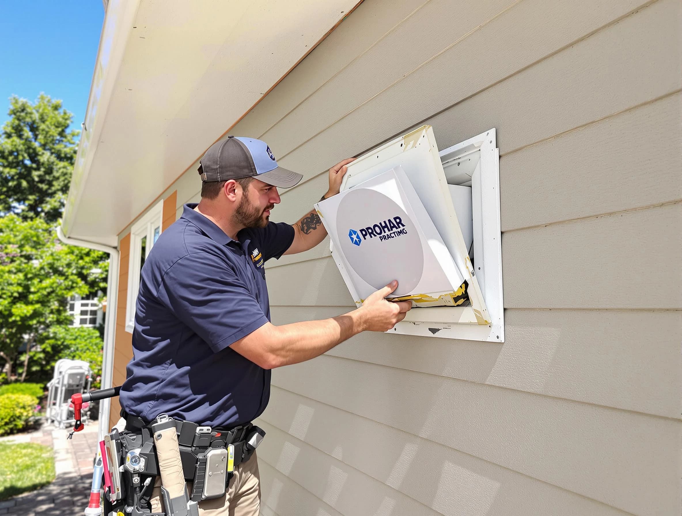 Falmouth Dryer Vent Cleaning technician installing a new protective dryer vent cover on a home in Falmouth