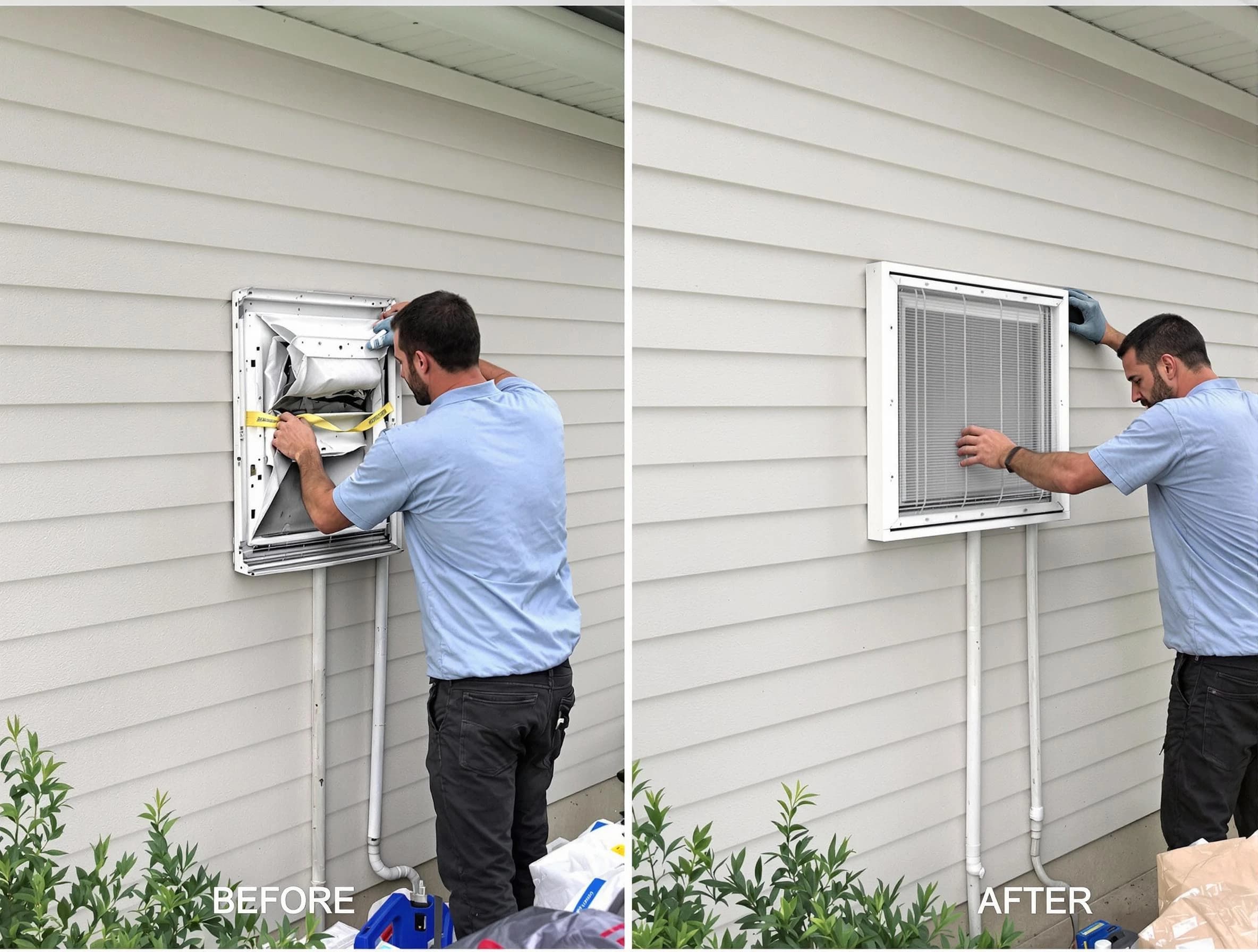 Falmouth Dryer Vent Cleaning technician installing high-quality dryer vent cover at a residential property in Falmouth