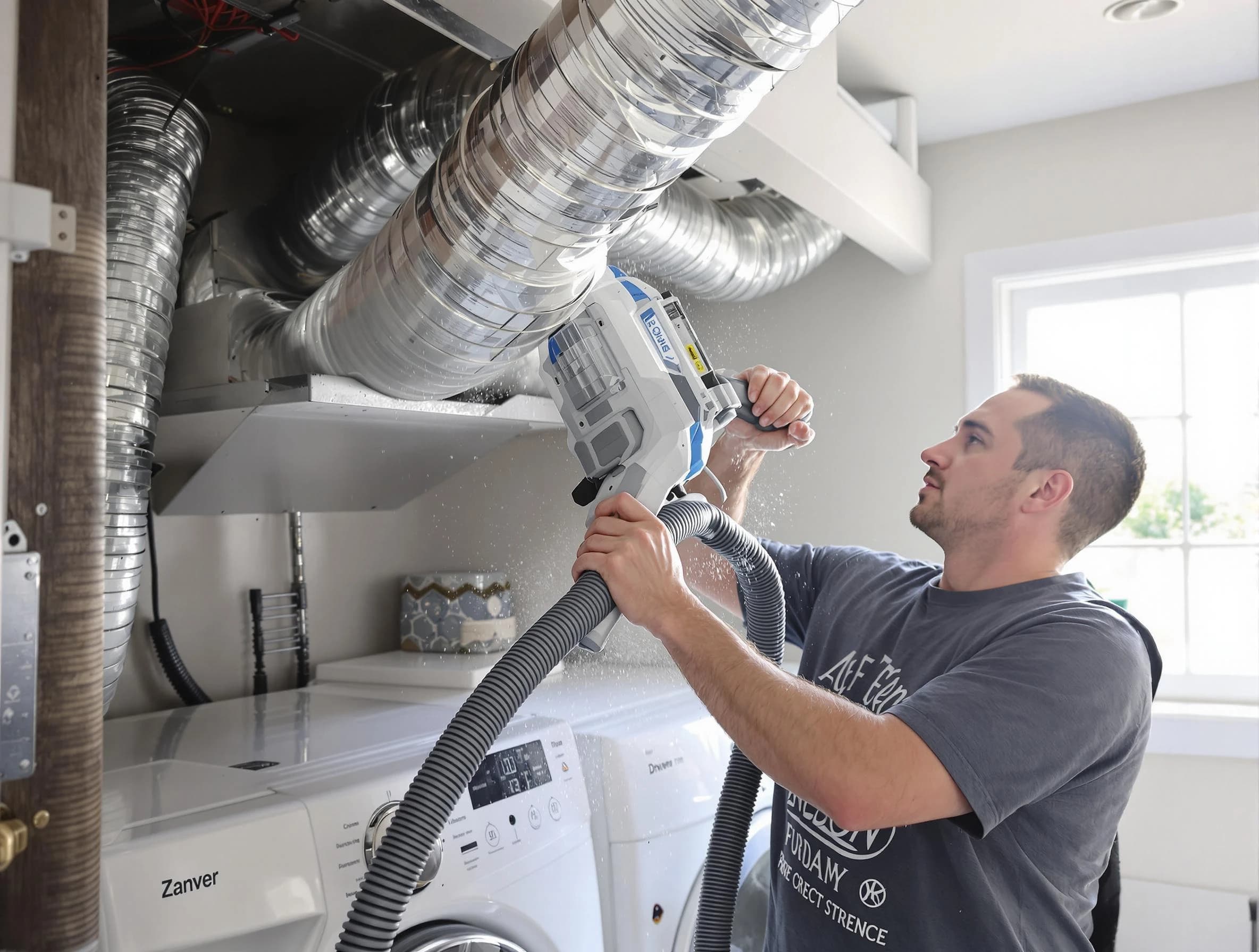 Falmouth Dryer Vent Cleaning specialist cleaning deep within a dryer vent duct system in Falmouth