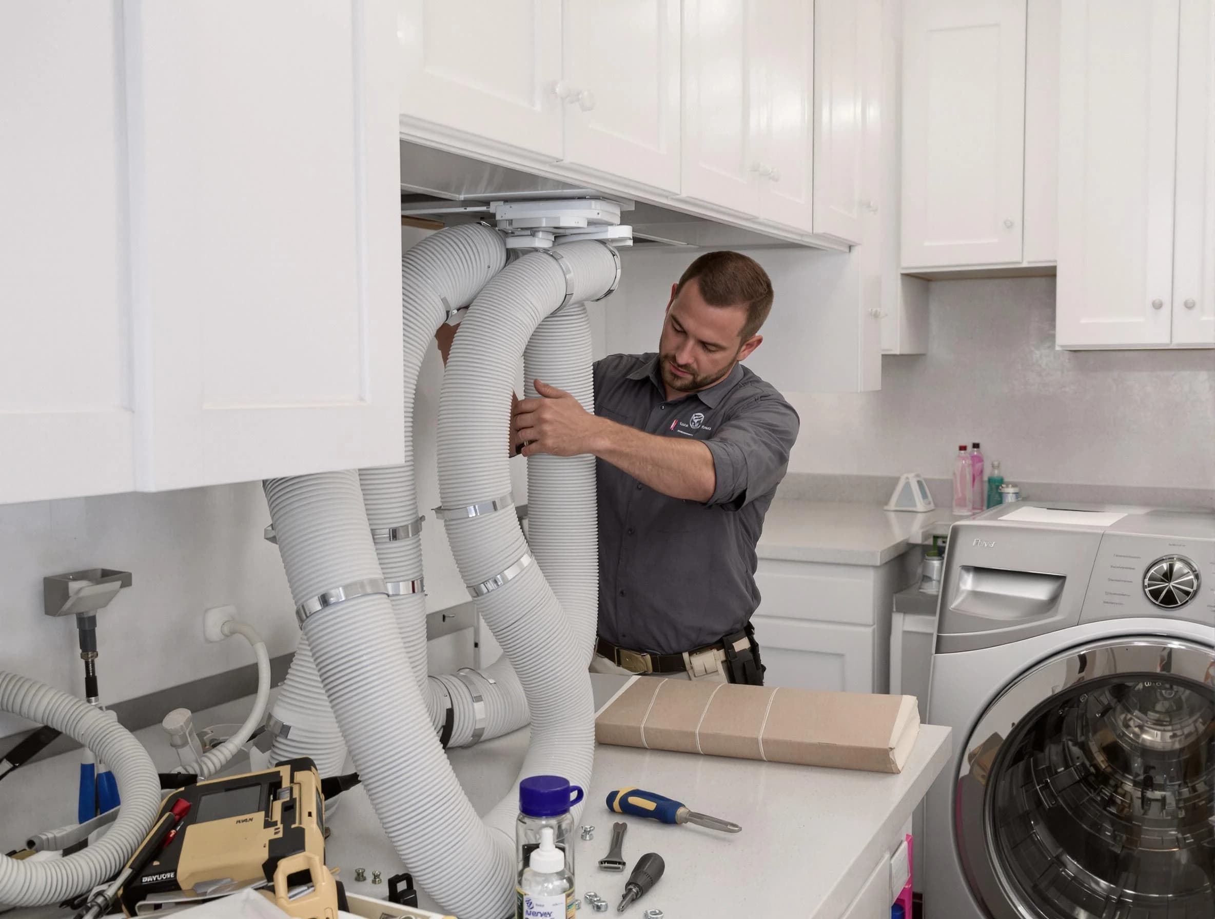 Falmouth Dryer Vent Cleaning technician installing a new professional-grade dryer vent hose in Falmouth