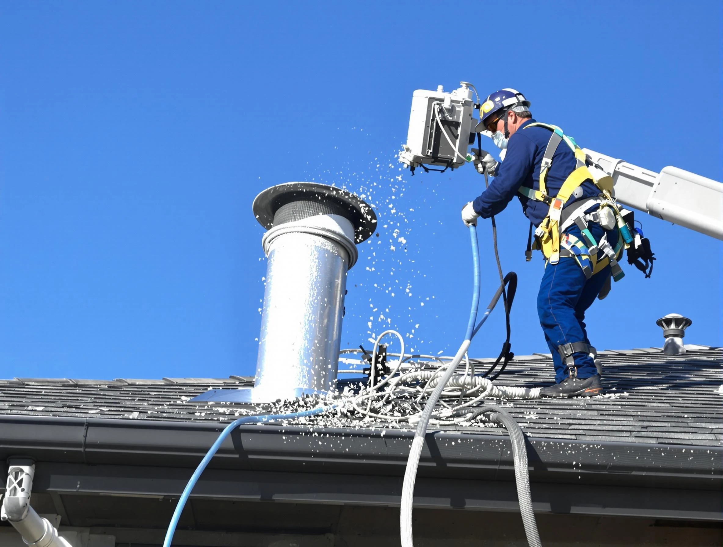 Falmouth Dryer Vent Cleaning certified technician safely cleaning a roof-mounted dryer vent in Falmouth